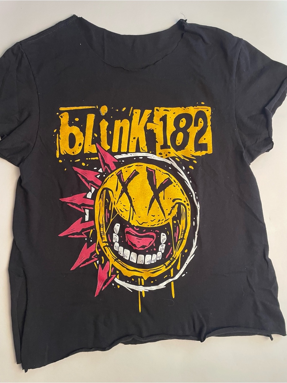 Unisex Concert Graphic Tee in Black with Yellow & Pink Print. 
Upcycled,shredded